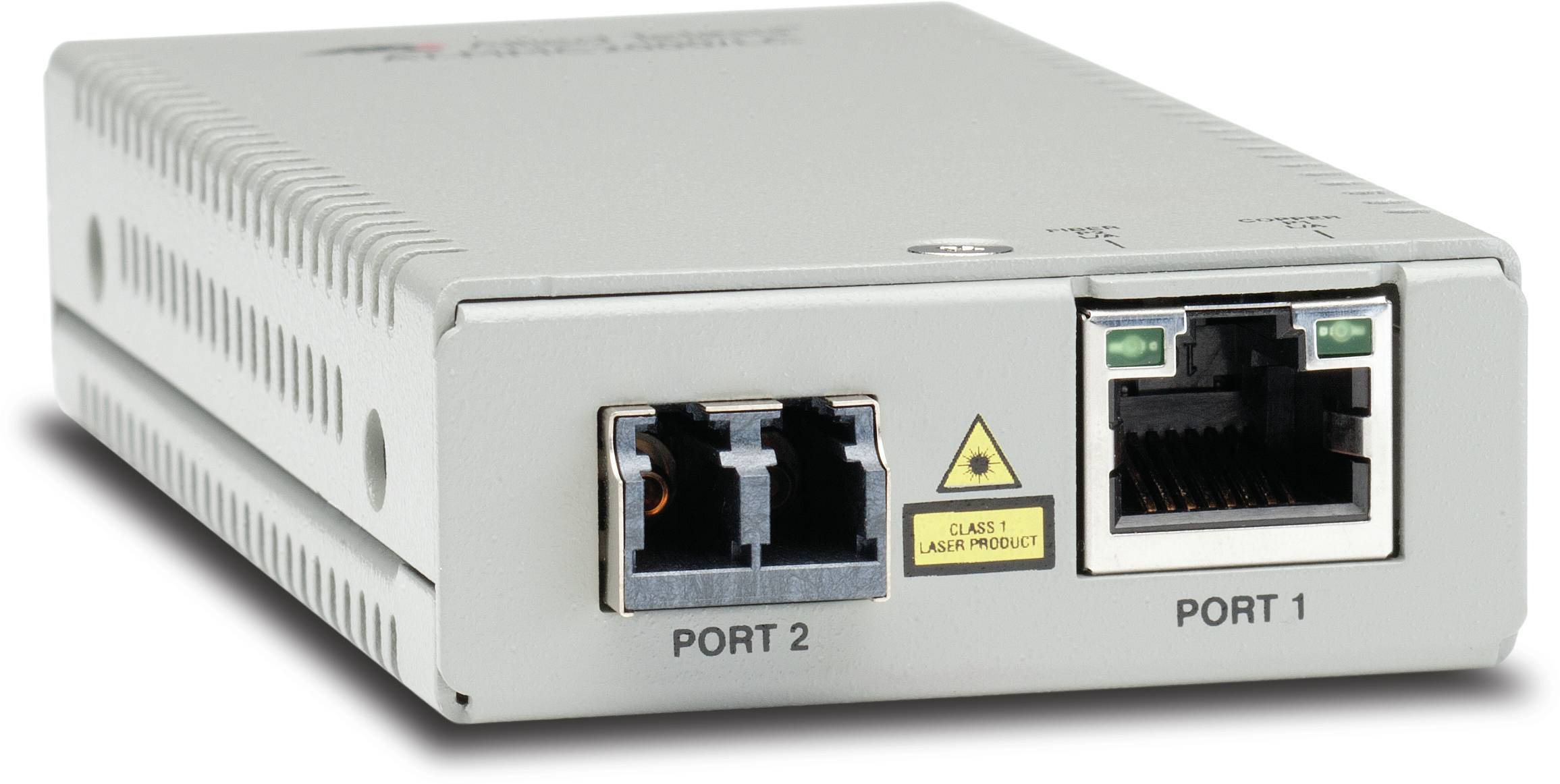 Weißes Netzwerkgerät mit zwei vorderen Anschlüssen mit den Bezeichnungen „PORT 1