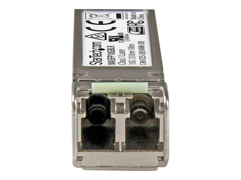 Nahaufnahme eines StarTech.com SFP-Transceiver-Moduls mit zwei vorderen optischen Anschlüssen auf weißem Hintergrund.