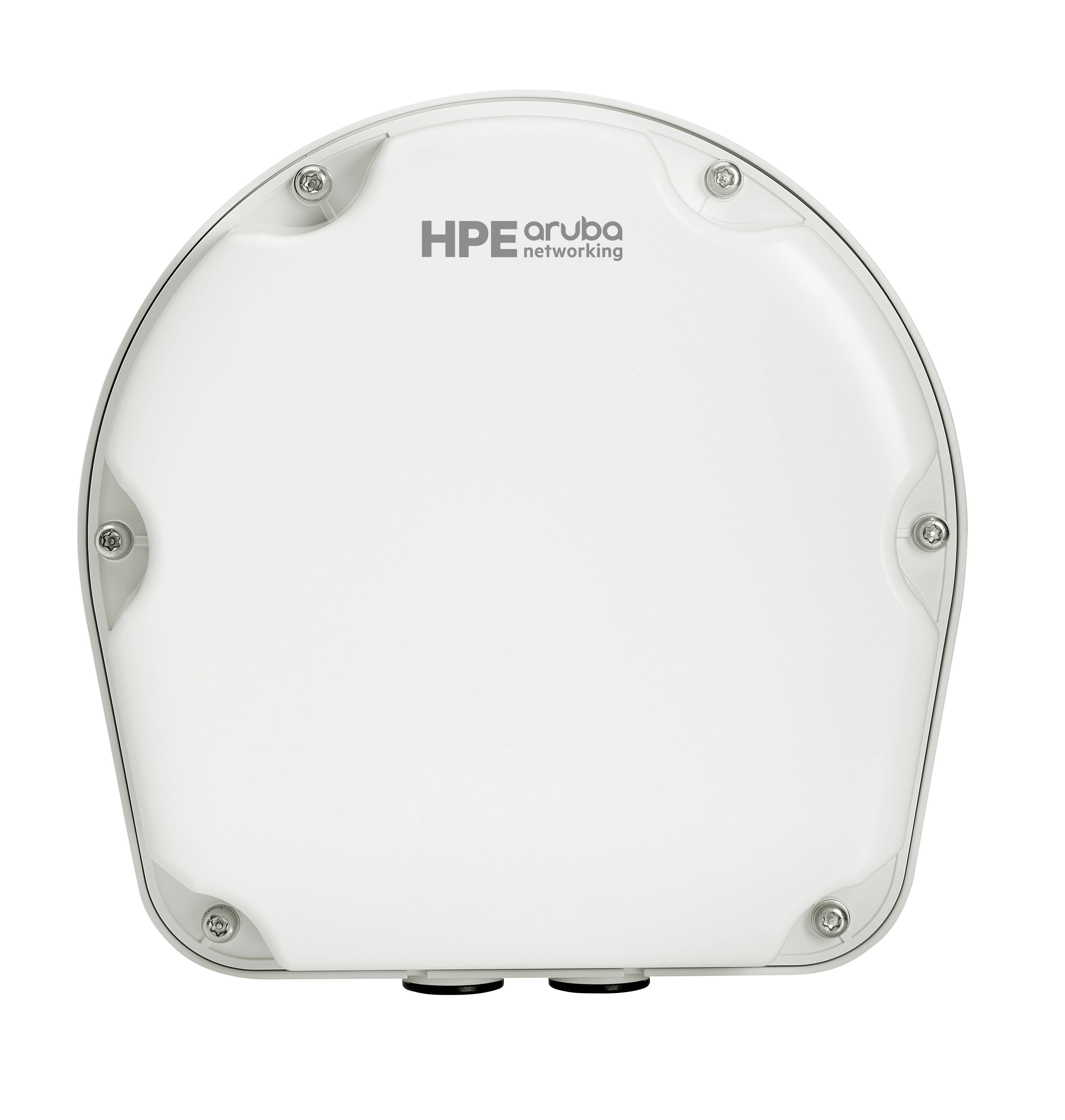 Weißer HPE Aruba Networking WLAN-Zugriffspunkt von vorne, mit abgerundetem quadratischem Gehäuse und Befestigungsschrauben.