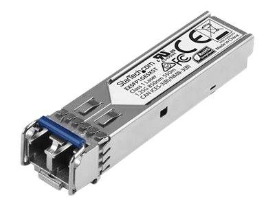 Metallisches SFP-Transceiver-Modul mit Glasfaser-Anschluss und Produktetikett, auf weißem Hintergrund dargestellt.