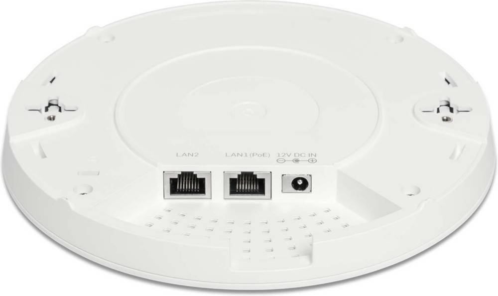 Ein weißes kreisförmiges Gerät mit zwei LAN-Anschlüssen, beschriftet mit 'LAN2' und 'LAN1 (PoE)' und einem '12V DC IN' Stromeingang.