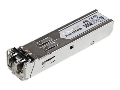 Ethernet-Faseroptik-Transceiver-Modul mit Metallgehäuse und Steckerport, isoliert auf weißem Hintergrund dargestellt.