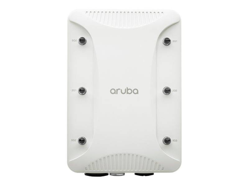 Weißer Aruba-WLAN-Zugangspunkt oder Netzwerkgerät mit vier sichtbaren Befestigungsschrauben, frontal vor weißem Hintergrund gezeigt.