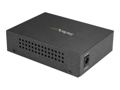 Schwarze StarTech.com Elektronikgeräte-Box mit Belüftungslöchern und Stromeingangsanschluss, dargestellt auf weißem Hintergrund.