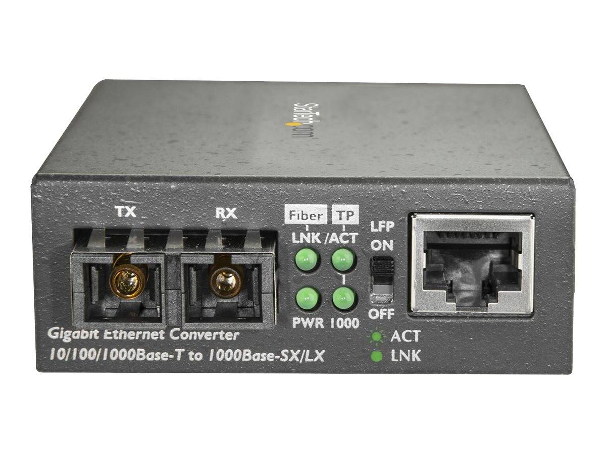 Vorderansicht eines Gigabit-Ethernet-Konverters mit TX/RX-Glasfaseranschlüssen, RJ45-Anschluss, Status-LEDs und Stromschalter.