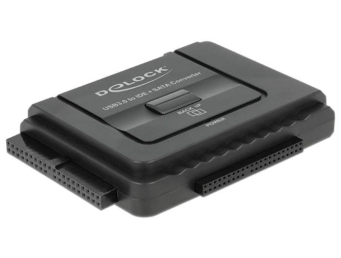 Schwarzer D-LOCK USB 2.0 zu IDE- und SATA-Konverter-Adapter mit Stromversorgung und Backup-Taste.