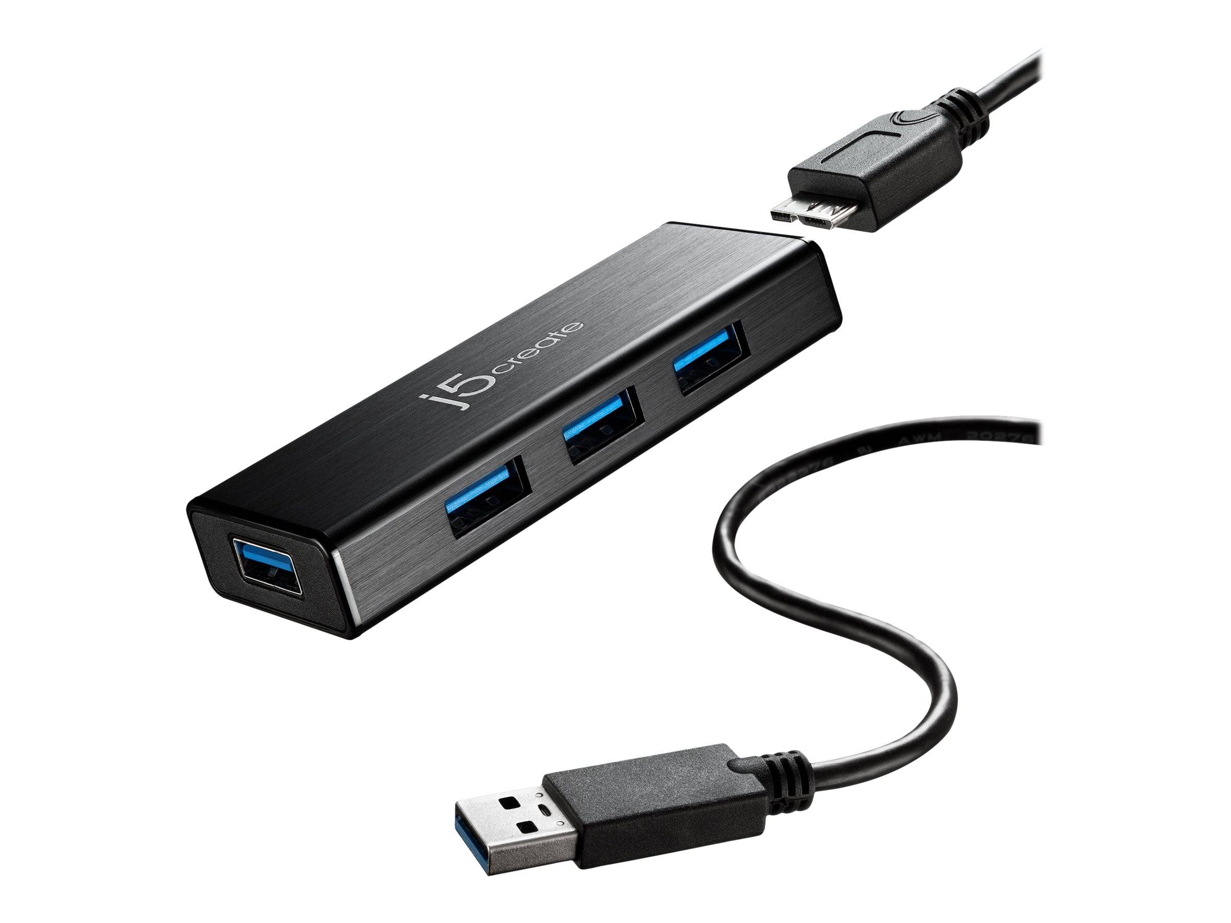 Schwarzer USB 3.0-Hub mit vier blauen Anschlüssen und angeschlossenem Kabel, gezeigt mit einem USB-Stecker auf weißem Hintergrund.