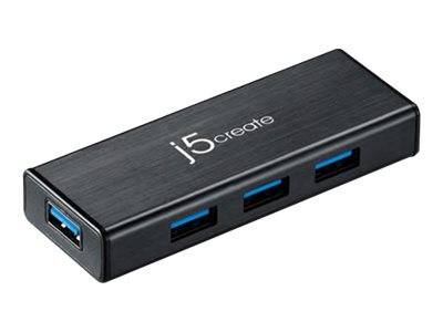 Schwarzer j5create USB-Hub mit vier blauen USB-Anschlüssen auf weißem Hintergrund.