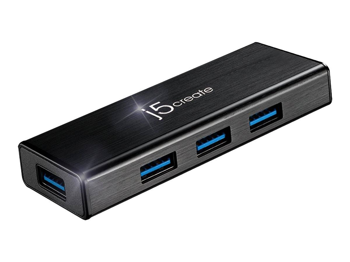 Schwarze 5er-Serie USB-Hub mit vier blauen USB-Anschlüssen, dargestellt auf weißem Hintergrund.