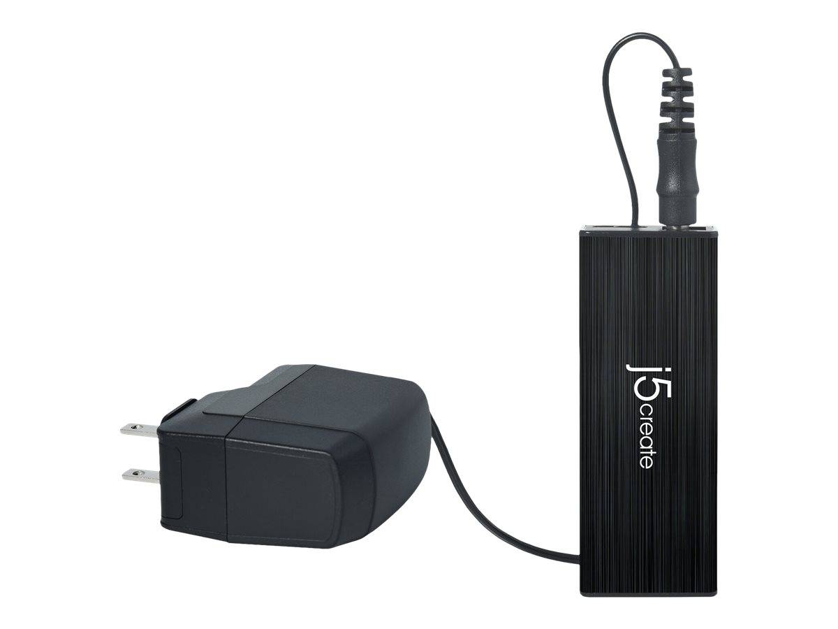 Schwarzer i5create Stromadapter mit Stecker und angeschlossenem Kabel, dargestellt auf weißem Hintergrund.
