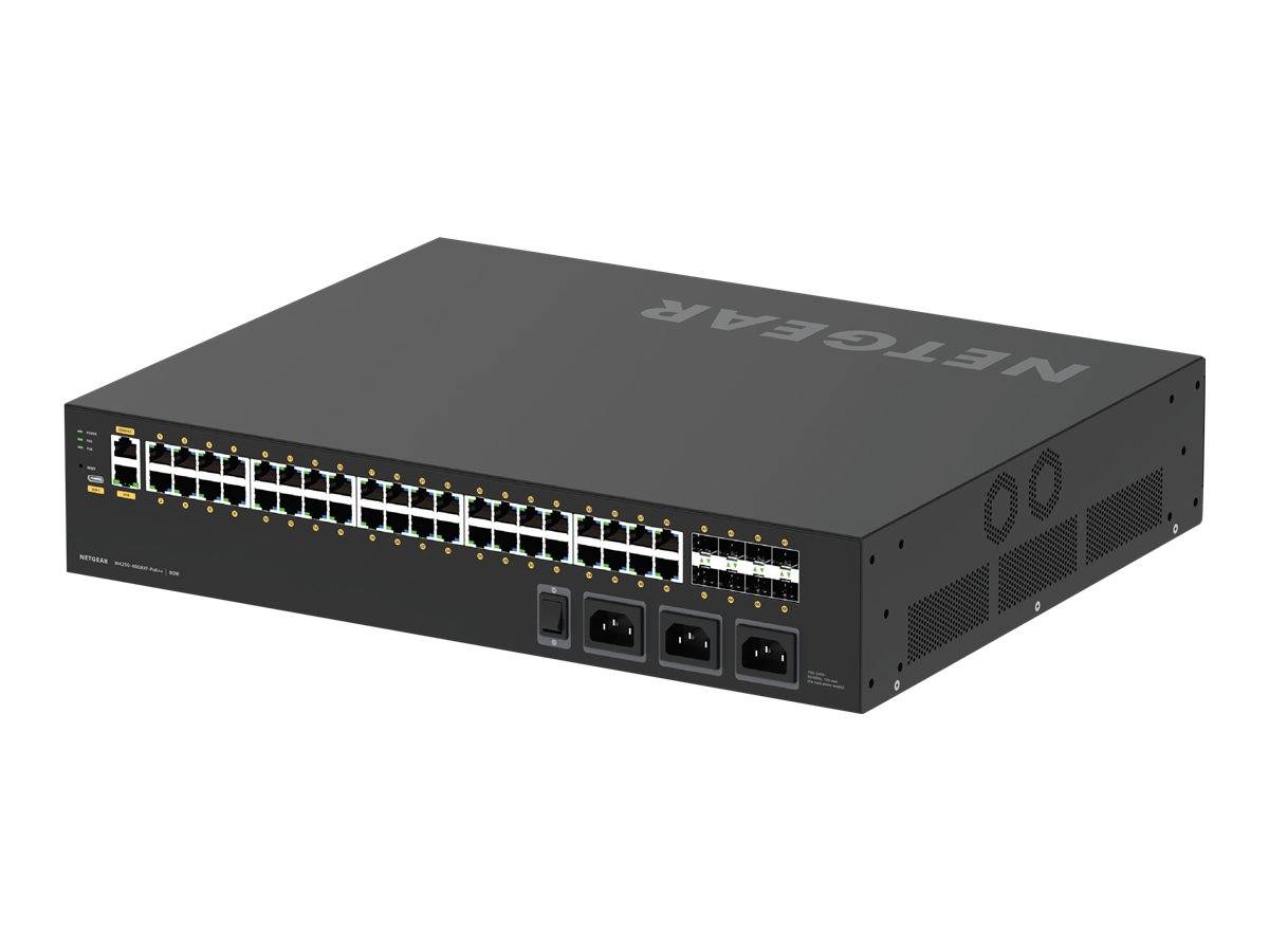 Vorderansicht eines NETGEAR-Netzwerk-Switches mit vielen Ethernet-Anschlüssen und drei Stromverbindungen, dargestellt auf weißem Hintergrund.