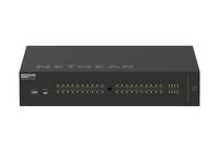 Vorderansicht eines schwarzen Netgear-Netzwerk-Switches mit mehreren Ethernet-Anschlüssen und Status-LEDs auf einfachem weißem Hintergrund.