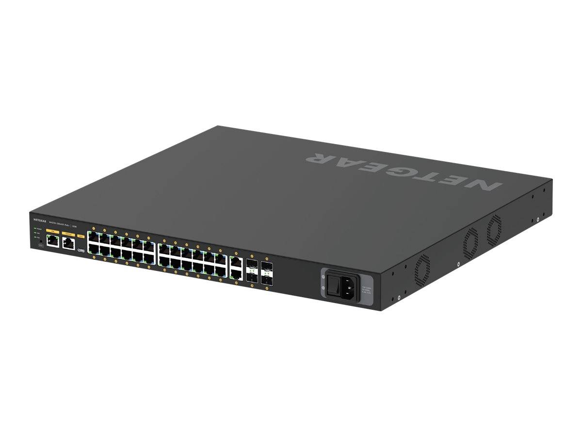 Rackmount-NETGEAR-Netzwerk-Switch mit mehreren Ethernet-Anschlüssen und einem Stromeingang, gezeigt in einer angewinkelten Vorderansicht.