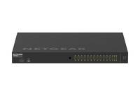 Vorderansicht eines Netgear-Netzwerk-Switches mit mehreren Ethernet-Anschlüssen und Statusleuchten auf weißem Hintergrund