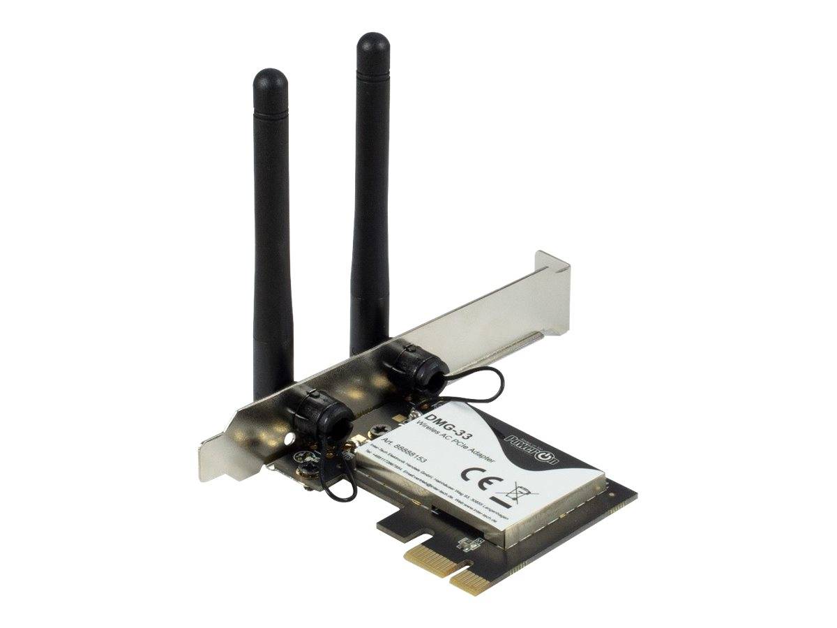 Wireless PCIe-Adapterkarte mit zwei Antennen und angefügter Metallhalterung für Desktop-Computer-Netzwerk.