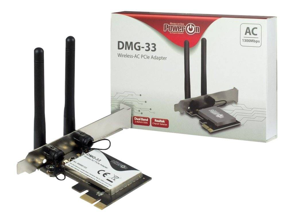 Wireless-AC PCIe-Adapterkarte mit zwei Antennen und Produktverpackung mit Kennzeichnung DMG-33, PowerOn, AC 1300Mbps.
