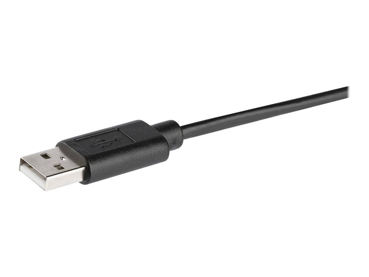 Nahaufnahme eines schwarzen USB-A-Steckers, der an einem Kabel befestigt ist, vor weißem Hintergrund dargestellt.