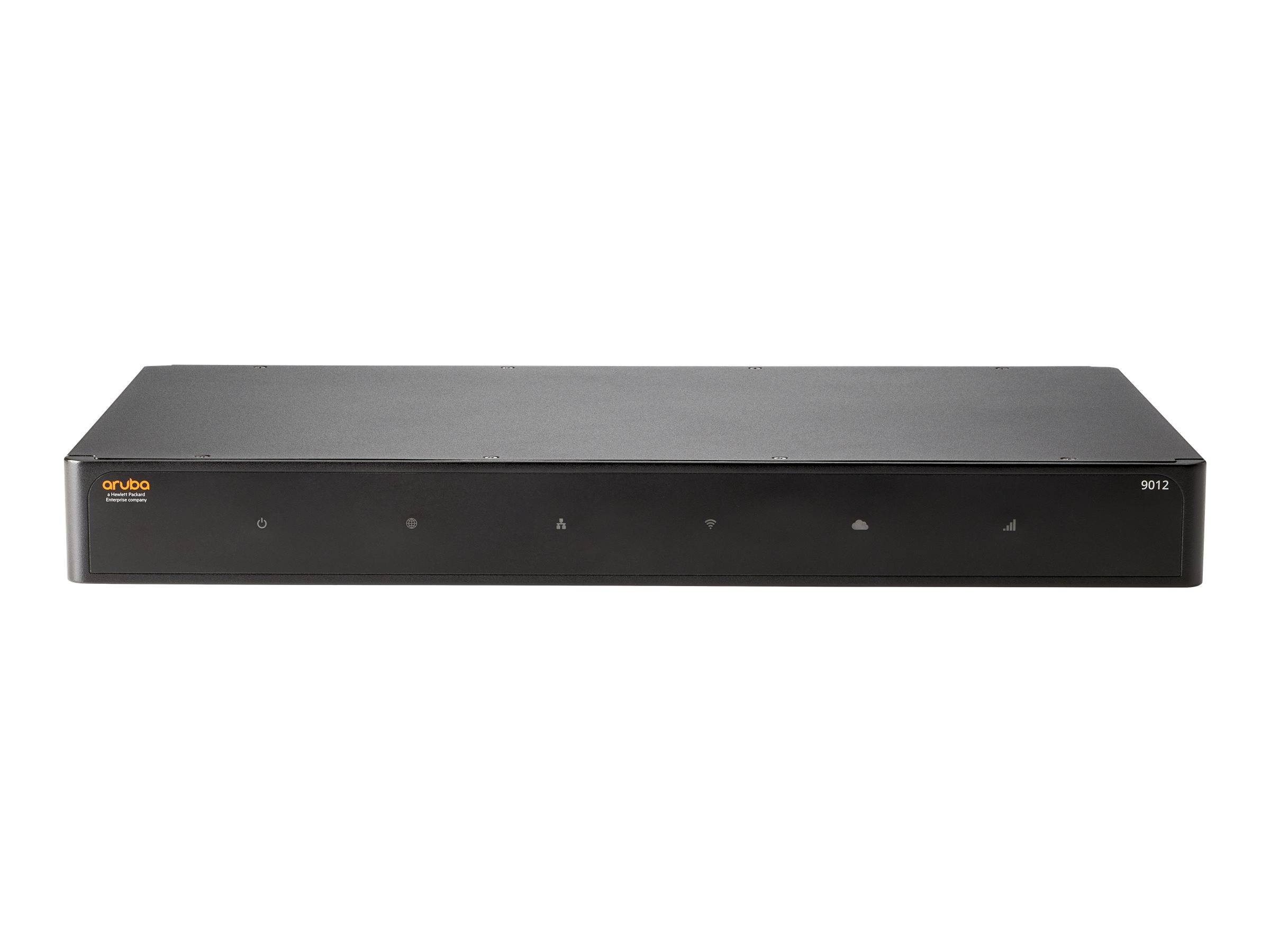 Frontansicht eines schwarzen Aruba 9012 Netzwerk-Appliance mit Statusleuchten auf einem schlichten weißen Hintergrund.