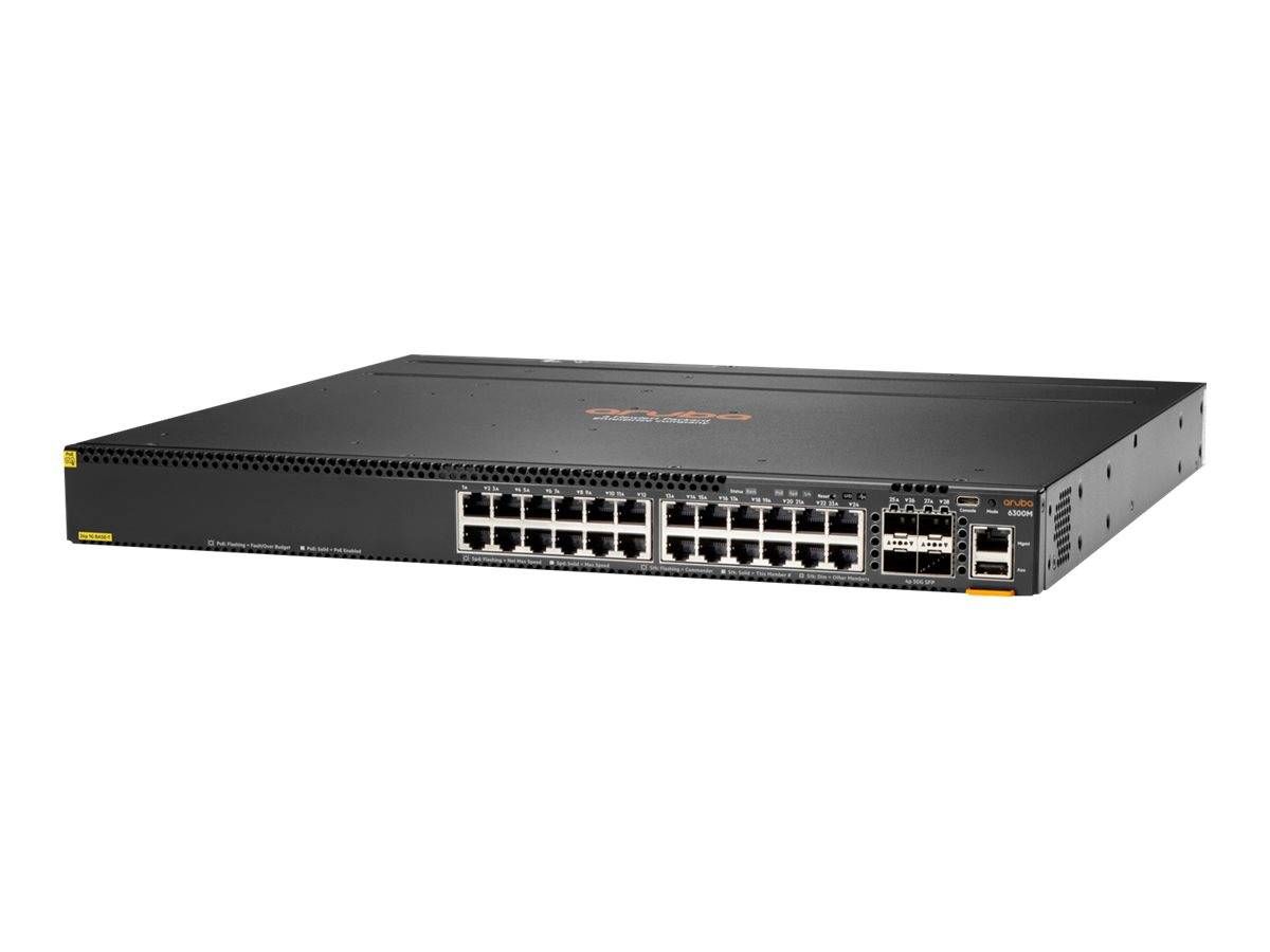 Frontansicht eines rackmontieren Netzwerk-Switches mit mehreren Ethernet-Anschlüssen und zwei Uplink-Modulen auf weißem Hintergrund.