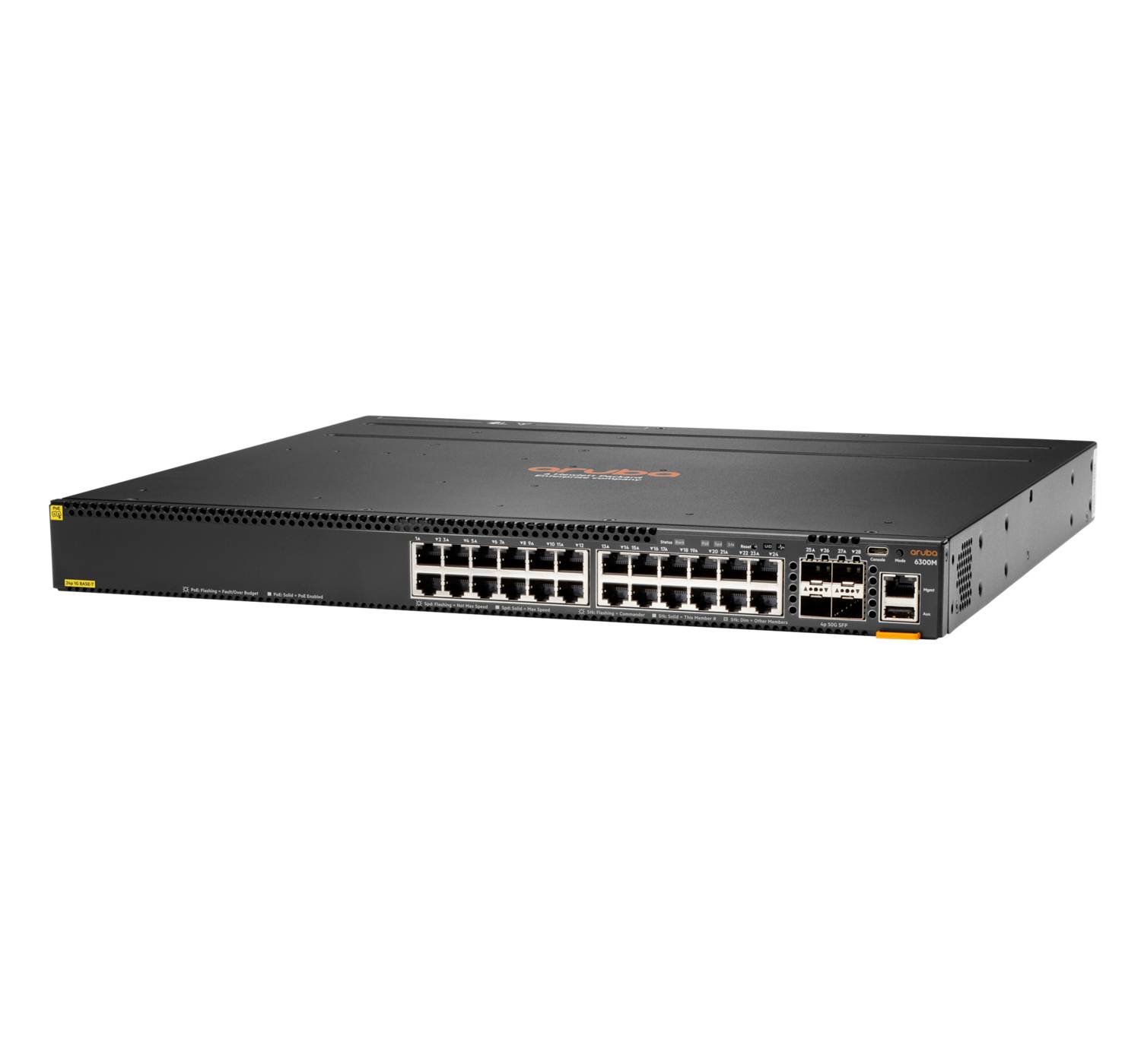 Vorderansicht eines Netzwerk-Switches im Rack-Format mit mehreren Ethernet-Anschlüssen und Uplink-Steckplätzen auf weißem Hintergrund.