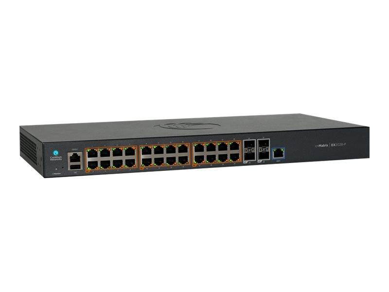 Ein schwarzer Netzwerk-Switch mit 24 Ethernet-Anschlüssen und Statusleuchten, dargestellt in einer produktstilisierten Seitenansicht auf weißem Hintergrund.