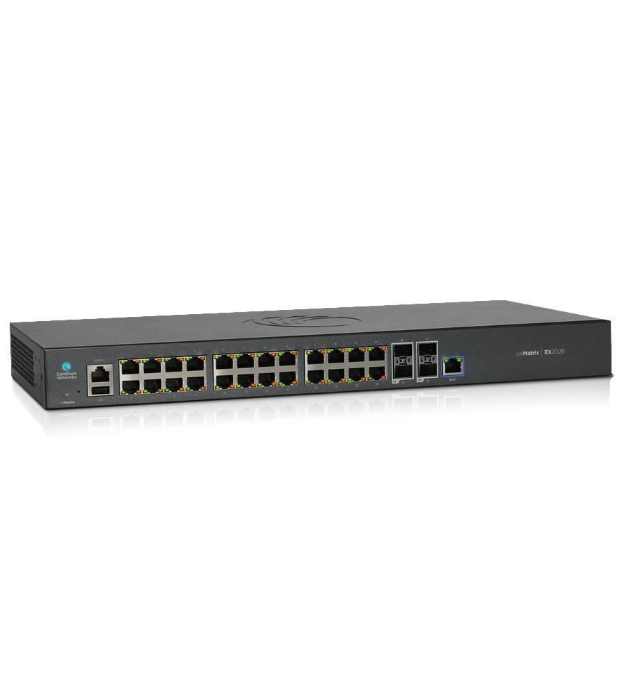 Frontansicht eines schwarzen Netzwerk-Switches mit mehreren Ethernet-Anschlüssen und zwei Glasfaser-Uplink-Anschlüssen auf weißem Hintergrund.