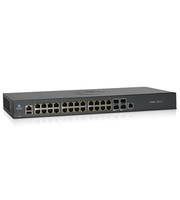 Netzwerk-Switch mit Rackanbau mit mehreren Ethernet-Anschlüssen und Statusleuchten auf einem einfachen weißen Hintergrund.