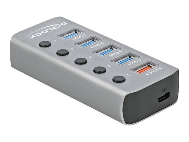 Grauer USB-C-Hub mit mehreren USB-A-Anschlüssen, schwarzen Funktionstasten und einem PD-Ladeanschluss an einem Ende.