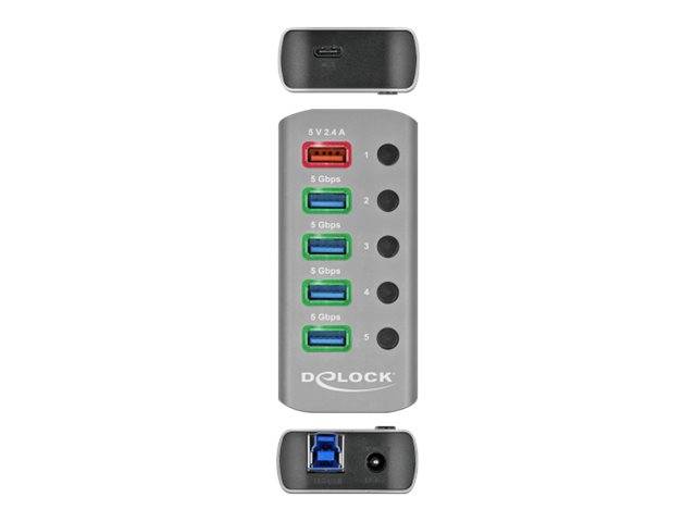 Vertaler 4-Port USB-Hub mit Schlüsselverschluss-Abdeckung, zeigt einen roten USB-Port und drei blaue 5-Gbps-Ports, jeweils mit einer Verriegelungstaste auf der rechten Seite.