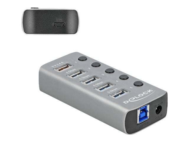 4-Port-USB-Hub mit blauem USB-3.0-Upstream-Port und Seitenansicht in Schwarz mit USB-C-Port; mit Delock-Beschriftung.