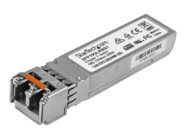 Metall-SFP-Transceiver-Modul mit LC-Glasfaseranschluss, gekennzeichnet mit StarTech.com und 10GBASE-LR; isoliert auf weißem Hintergrund dargestellt.