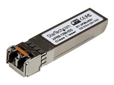 SFP-Glasfaser-Transceiver-Modul mit Metallgehäuse und Beschriftung, isoliert auf weißem Hintergrund dargestellt.