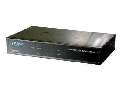 Black Planet 5-Port-Gigabit-Ethernet-Switch in einem Studio-Produktfoto dargestellt.