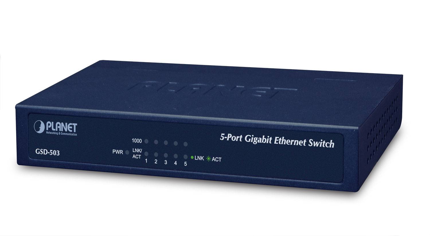 Ein blauer Planet 5-Port-Gigabit-Ethernet-Switch mit vorderen Statusleuchten und nummerierten Anschlüssen 1 bis 5.