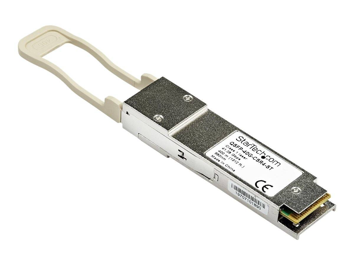 Kleines optisches Transceiver-Modul von StarTech.com mit Zuglaschen, dargestellt auf weißem Hintergrund.