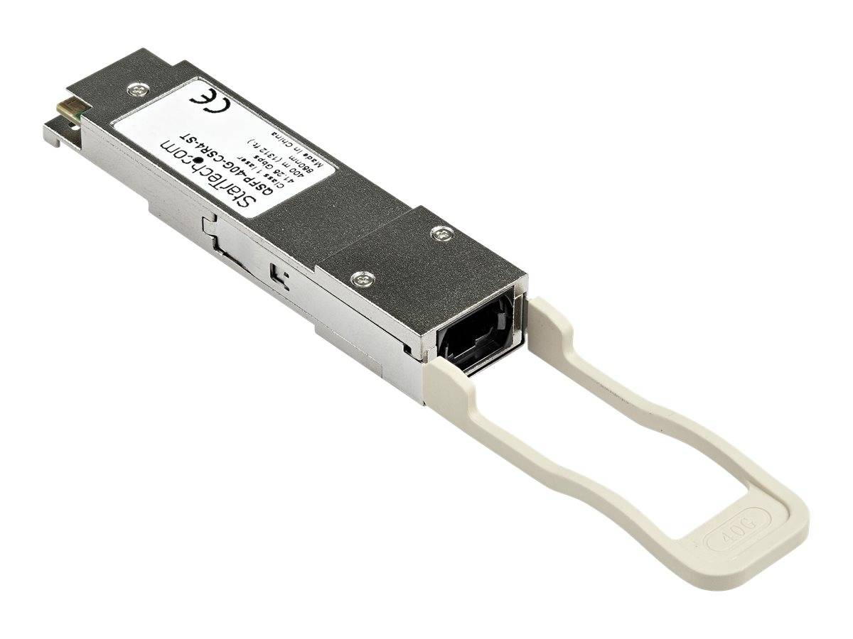 Einbaubares Faseroptik-Transceiver-Modul mit beigefarbener Zuglasche, auf weißem Hintergrund abgebildet.