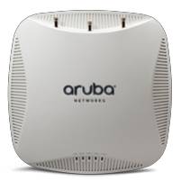 Weißer Aruba Networks WLAN-Zugangspunkt mit belüfteten Seiten und oben montierten Anschlüssen, frontal vor neutralem Hintergrund dargestellt.