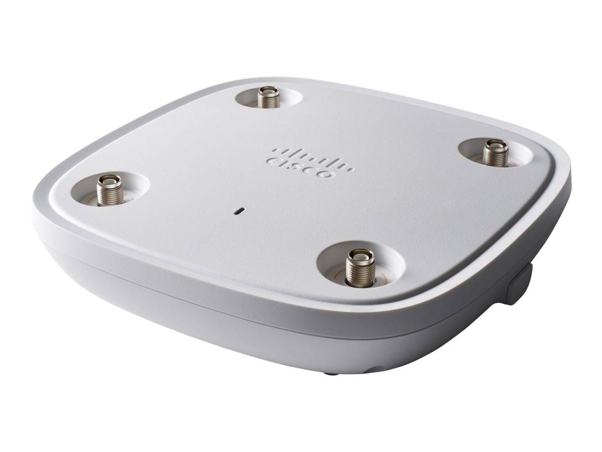 Weißer Cisco-Wireless-Zugangspunkt mit vier Gewindebohrungen auf einer abgerundeten quadratischen Basis, isoliert dargestellt.