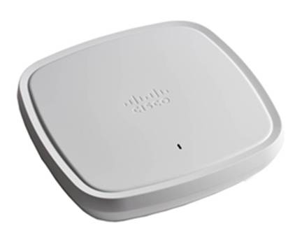 Weißer Cisco-Wireless-Zugriffspunkt mit abgerundetem quadratischem Design und kleiner Statusleuchte auf einfachem Hintergrund