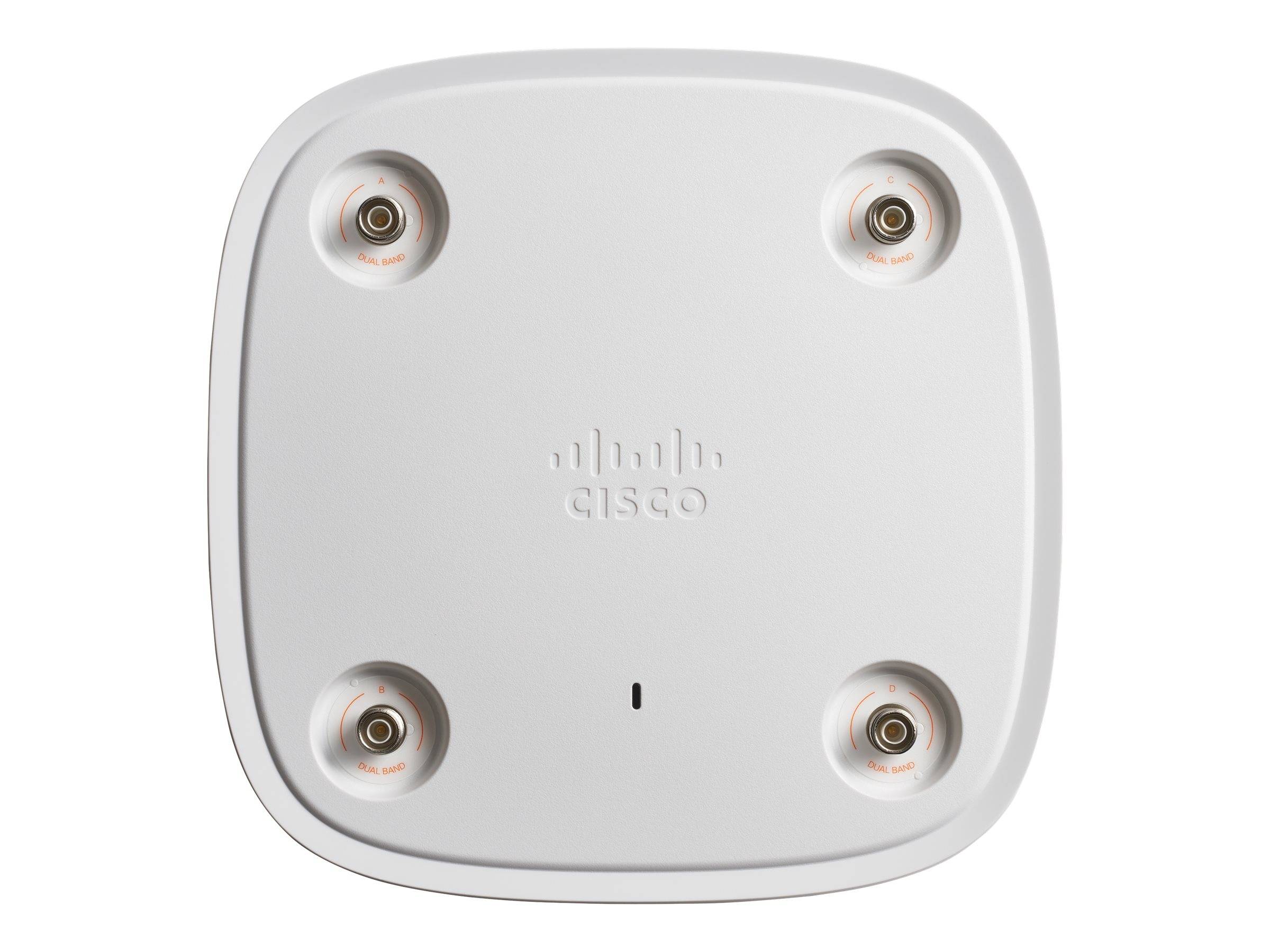 Unteransicht eines weißen quadratischen Cisco-Decken-Wireless-Zugriffsgeräts mit vier Befestigungsstiften und einem kleinen Status-LED-Schlitz.