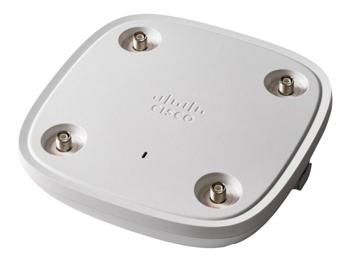 Weißer Cisco-Wireless-Zugriffspunkt, quadratisch mit abgerundeten Ecken und vier Befestigungspfosten, auf einem einfachen Hintergrund gezeigt.