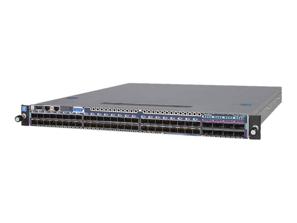 Front-facing Netzwerk-Switch mit Rackhalterung, viele Ethernet-Anschlüsse und Statusleuchten auf weißem Hintergrund.