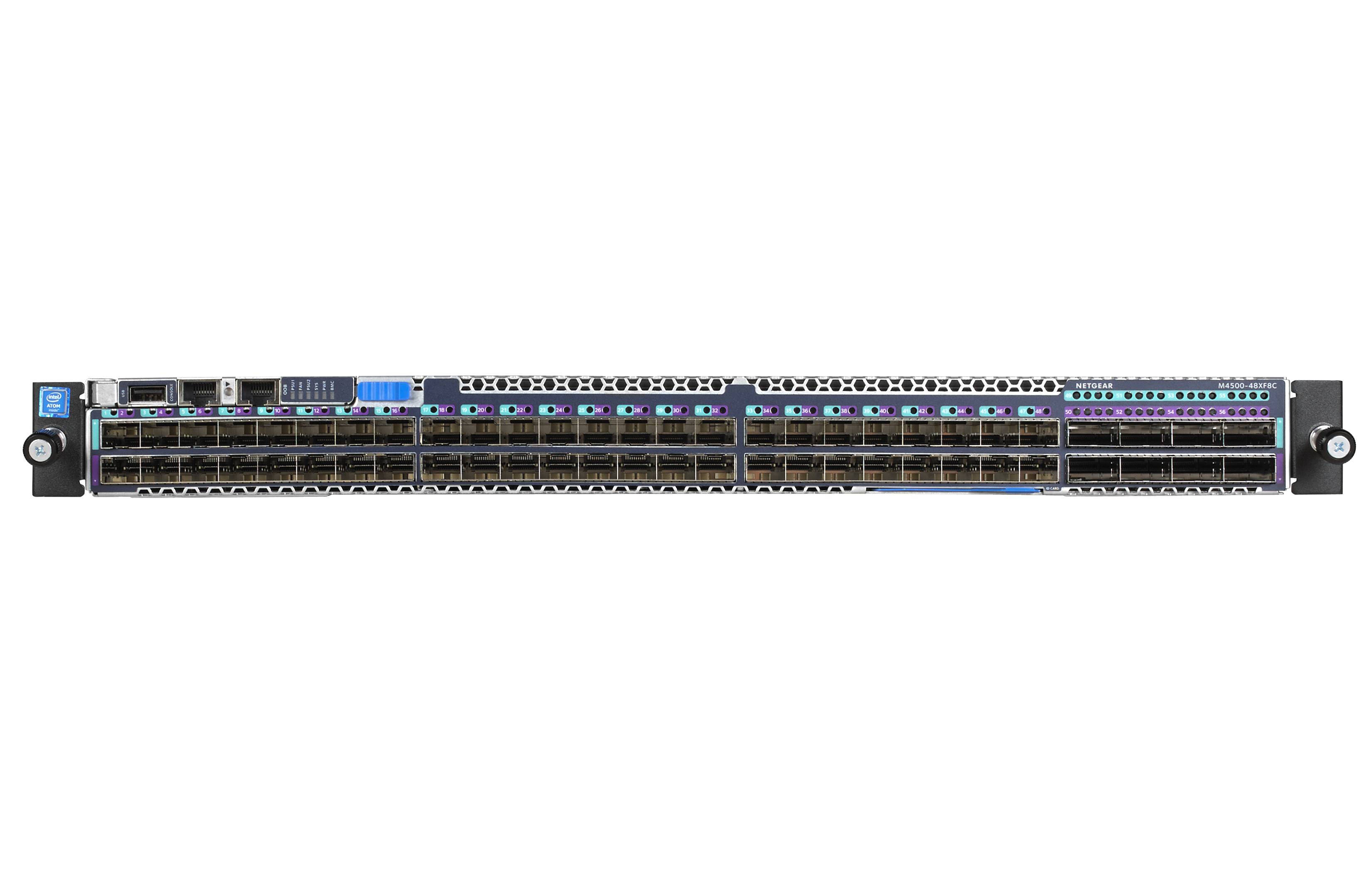 Vorderansicht eines Rack-Mount-Netzwerk-Switches mit vielen Ethernet- und Glasfaseranschlüssen und Statusleuchten auf weißem Hintergrund.