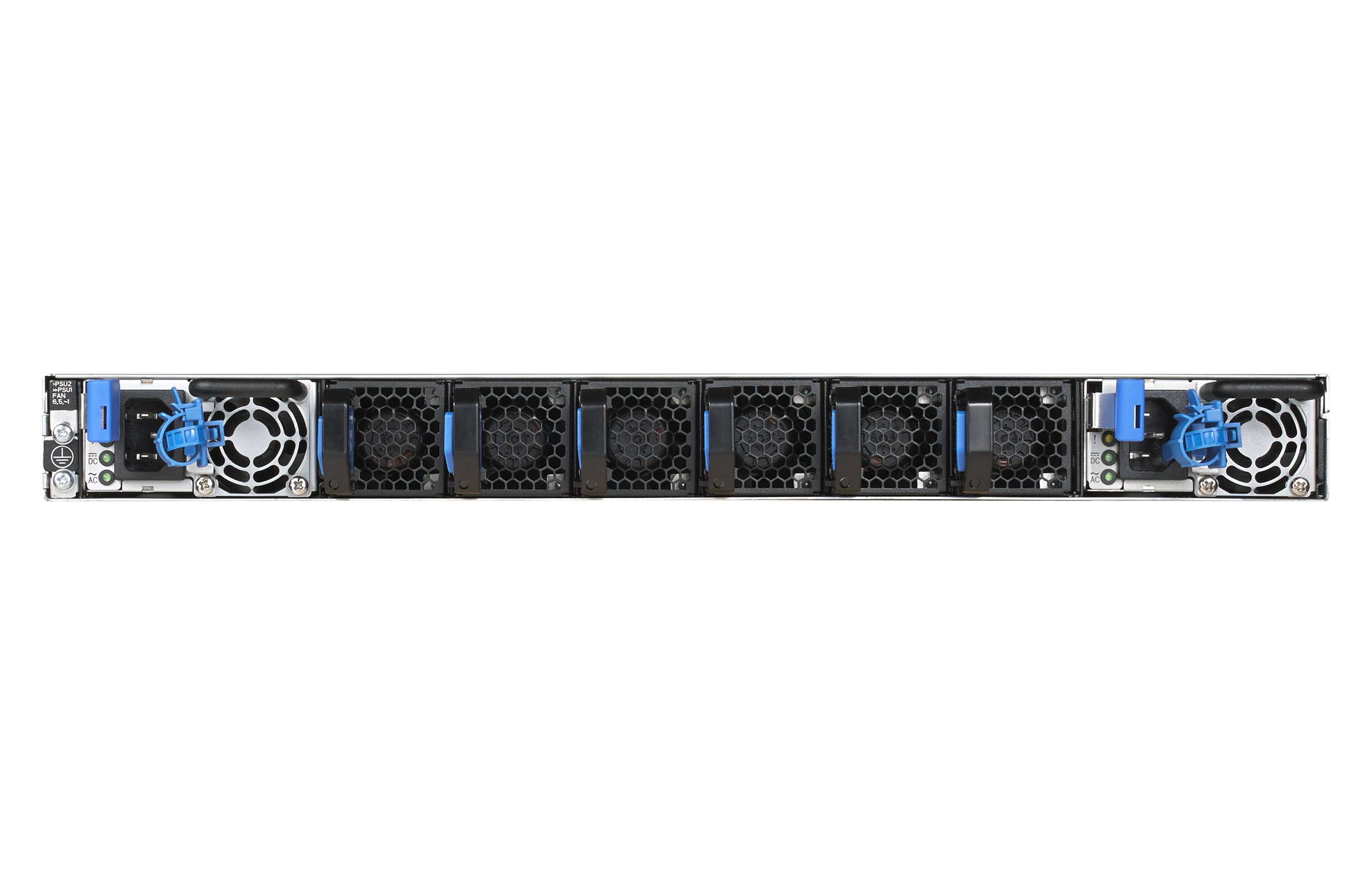 Vorderansicht eines Rackmount-Server-Gehäuses mit mehreren Hot-Swap-Laufwerkschächten und Kühlüftern an beiden Enden.