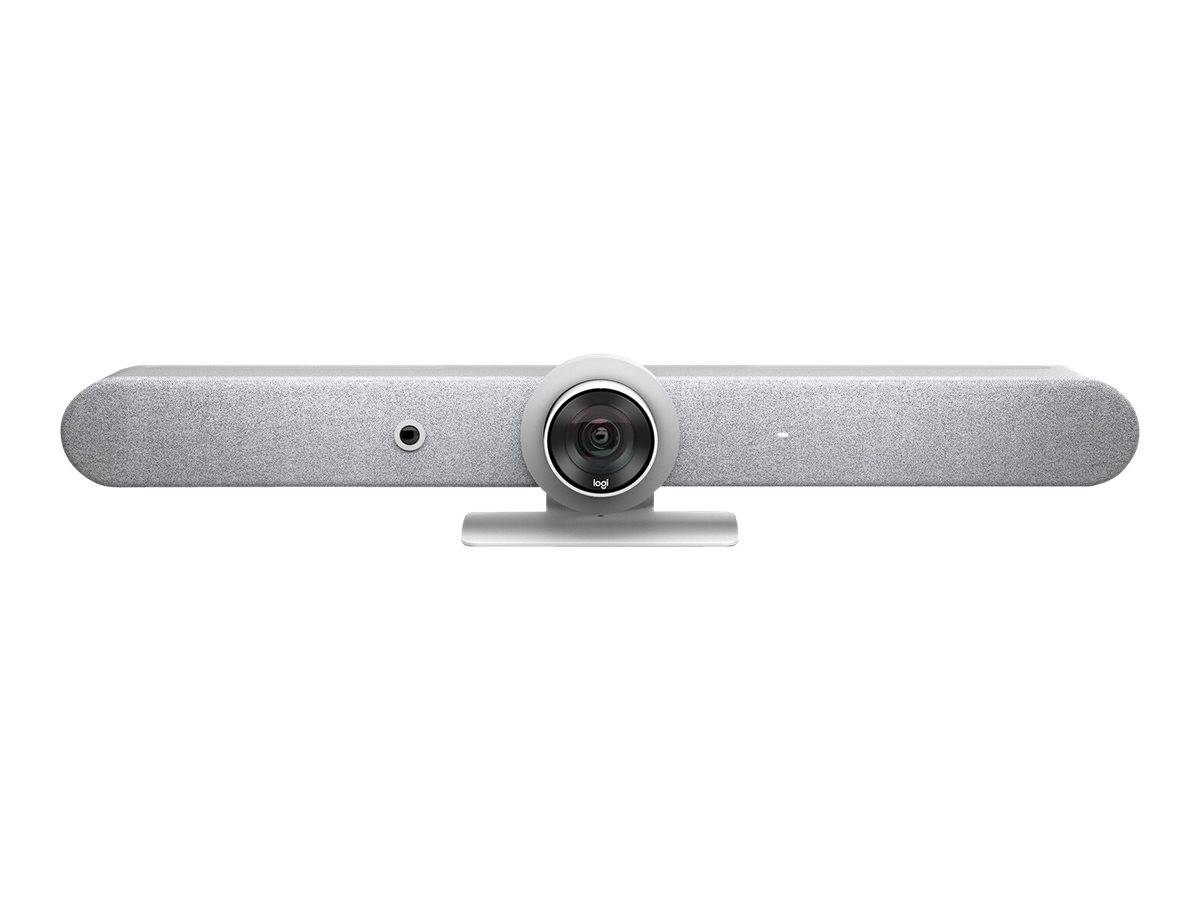 Silberne Video-Konferenz-Soundbar mit zentrierter Kameraobjektiv und Mikrofonöffnung auf weißem Hintergrund.