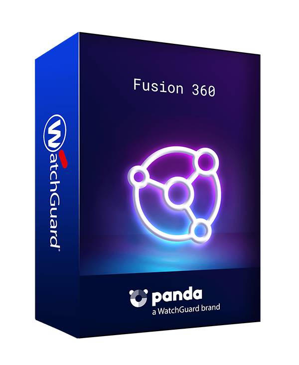 Softwarepaket für „Fusion 360" mit Panda-Logo und WatchGuard-Branding auf einer lila-blauen Verpackung.