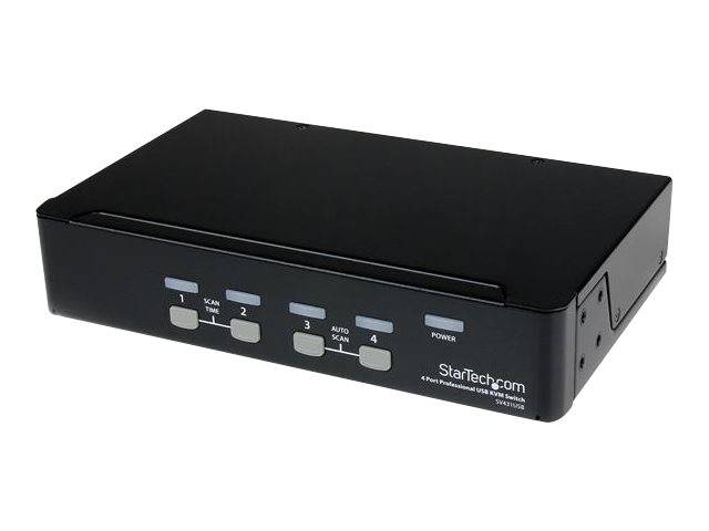 Black StarTech.com 4-Port USB-KVM-Umschalter mit vorderen Scan- und Portschaltflächen, gezeigt auf weißem Hintergrund.