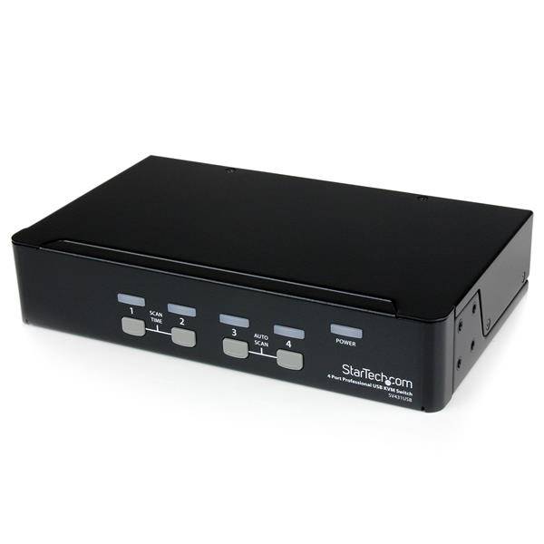StarTech.com 4-Port KVM-Schalter mit Frontschaltflächen beschriftet mit 1-4, Scan, Auto-Scan und Power.