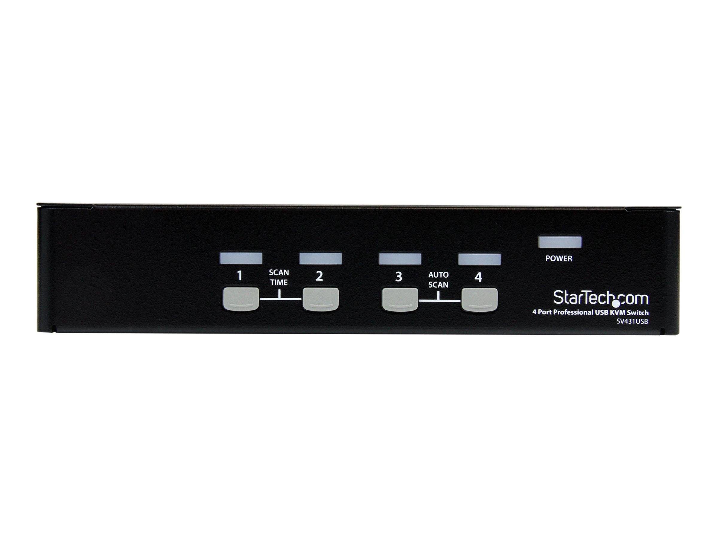 Vorderansicht eines StarTech.com 4-Port-Profi-USB-KVM-Schalters mit vier nummerierten Tasten, Scan-Zeit- und Auto-Scan-Indikatoren sowie einer Stromversorgungsleuchte auf einem schwarzen Bedienfeld.