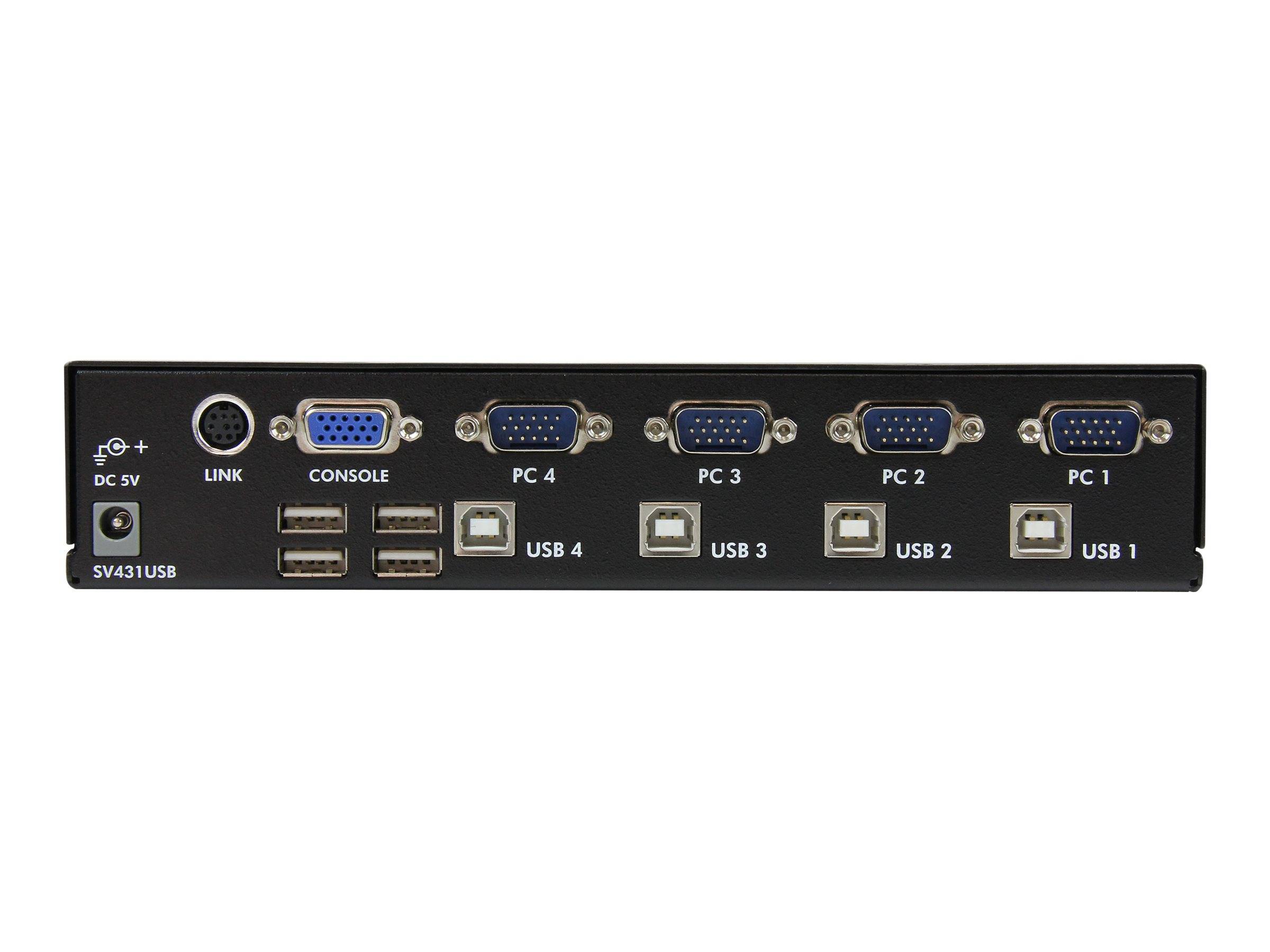 Vorderansicht eines 4-Port-USB-KVM-Switches mit Konsolen- und PC-VGA-Anschlüssen, USB-1-4-Anschlüssen und 5V-Gleichstromeingangsan schluss.